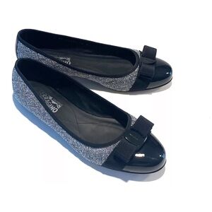 Salvatore Ferragamo Varina Q Balllet Flat Sz 10 B Black Nero Silver Metallic